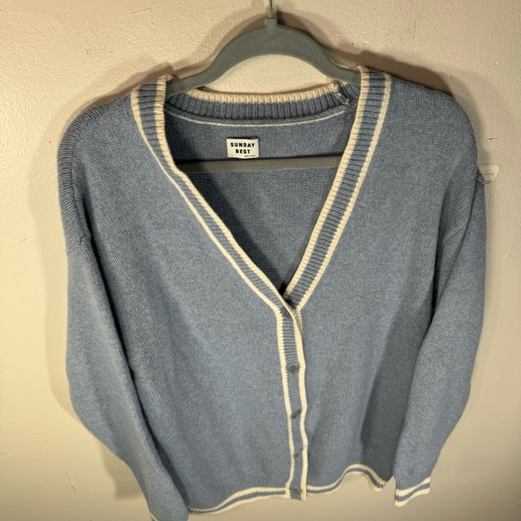 Aritzia Sunday Best Ellis Cardigan wool sweater blue white oversized Small prep - Picture 7 of 13